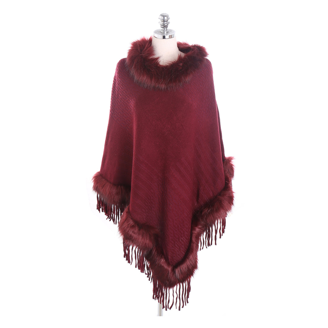 Damen Kaschmir-Touch Poncho mit Kunstfellbesatz, Fransen und weichfallender Oversize-Silhouette Drune