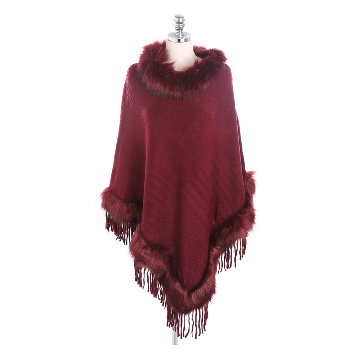 Damen Kaschmir-Touch Poncho mit Kunstfellbesatz, Fransen und weichfallender Oversize-Silhouette Drune
