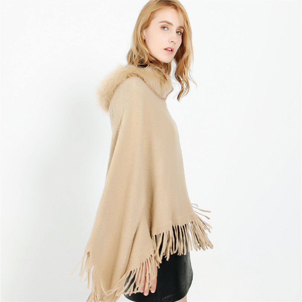 Damen Poncho‑Ruana mit Kunstfellkragen, Strukturjacquard und Fransensaum Drune