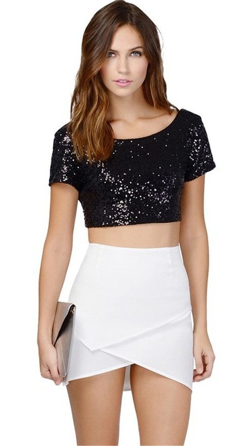 Damen Glamouröses Crop-Top mit Pailletten und leichter A-Linie Rock Drune