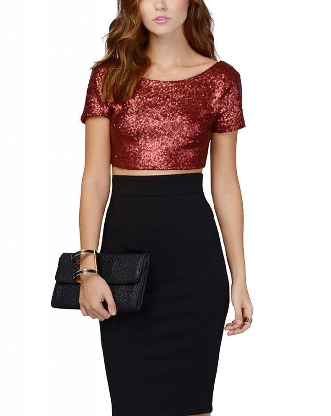 Damen Glamouröses Crop-Top mit Pailletten und leichter A-Linie Rock Drune