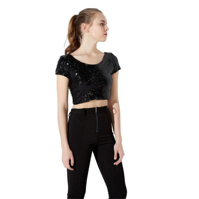 Damen Glamouröses Crop-Top mit Pailletten und leichter A-Linie Rock Drune