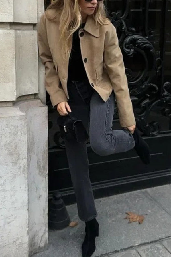 Drune | Knopfverschluss Pocket Faux Suede Crop Jacke