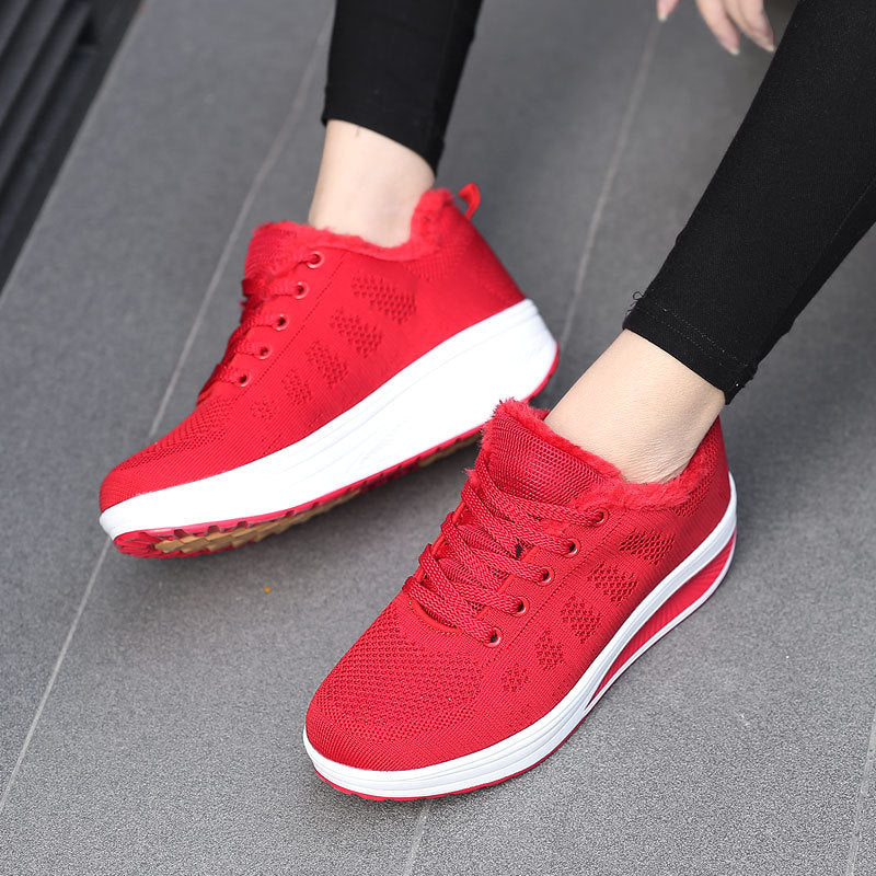 Damen nan gefütterter Strick-Schnürwalkingschuh mit kuscheligem Teddyfutter und ergonomischer Keilsohle Drune