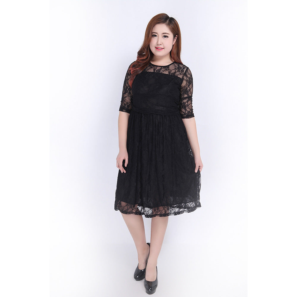 Damen Spitzenkleid mit elegantem Rundhalsausschnitt und schwingendem Rock Drune
