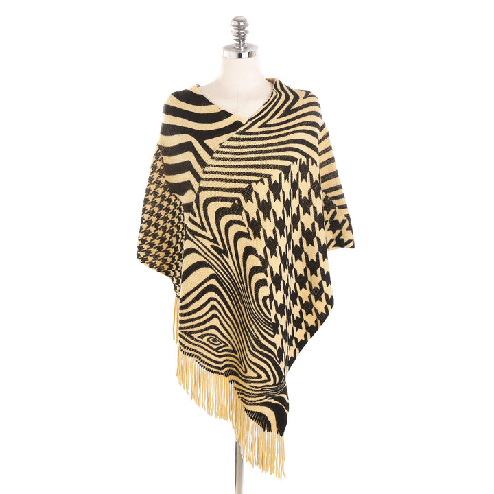 Damen Fransen-Poncho im Oversize mit grafischem Jacquard und asymmetrischem Zipfelsaum Drune