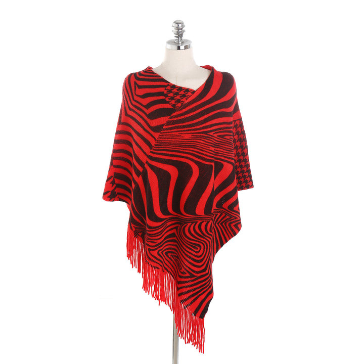 Damen Fransen-Poncho im Oversize mit grafischem Jacquard und asymmetrischem Zipfelsaum Drune