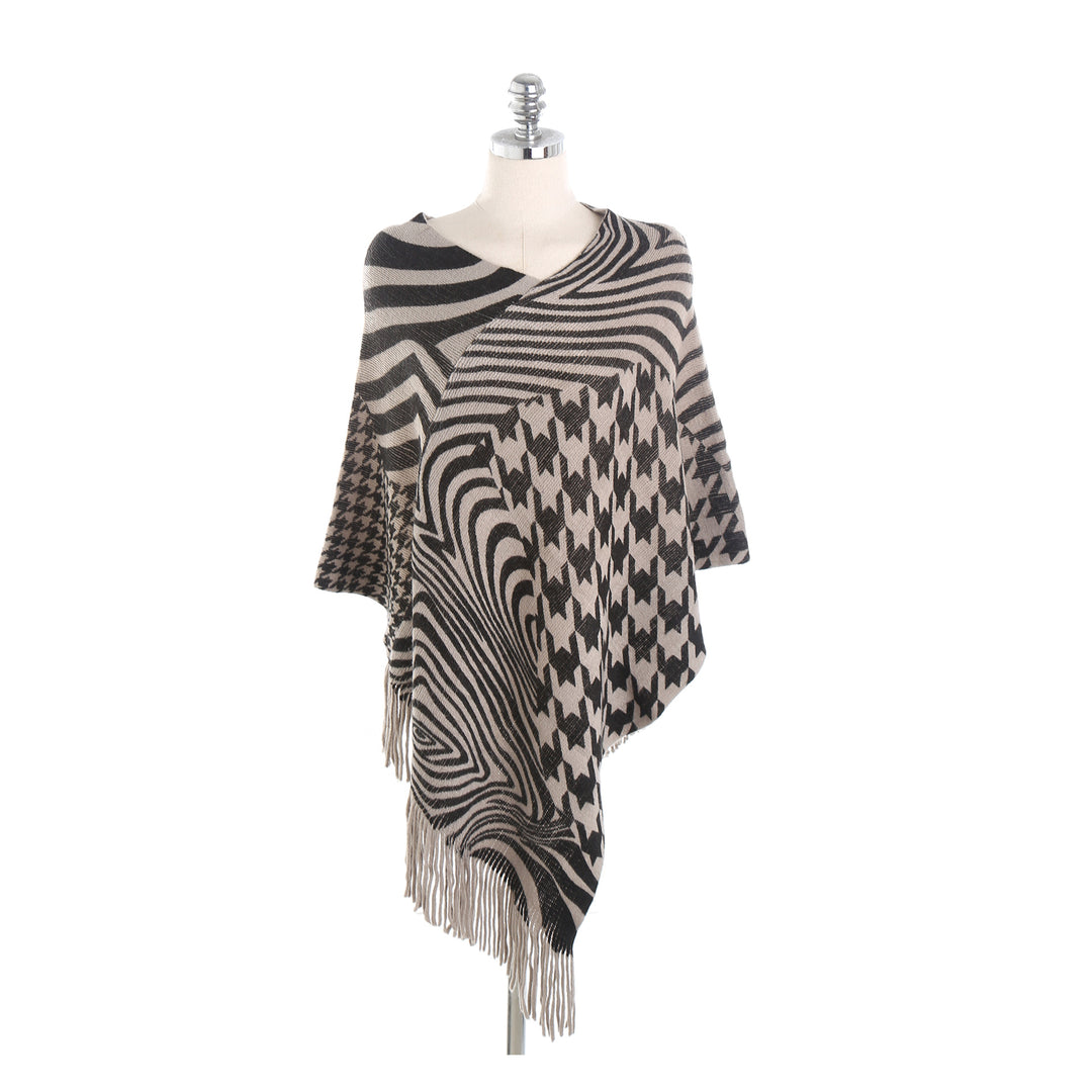 Damen Fransen-Poncho im Oversize mit grafischem Jacquard und asymmetrischem Zipfelsaum Drune