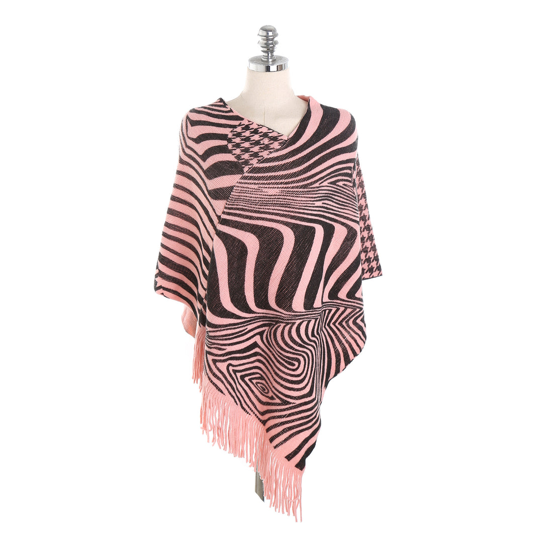 Damen Fransen-Poncho im Oversize mit grafischem Jacquard und asymmetrischem Zipfelsaum Drune