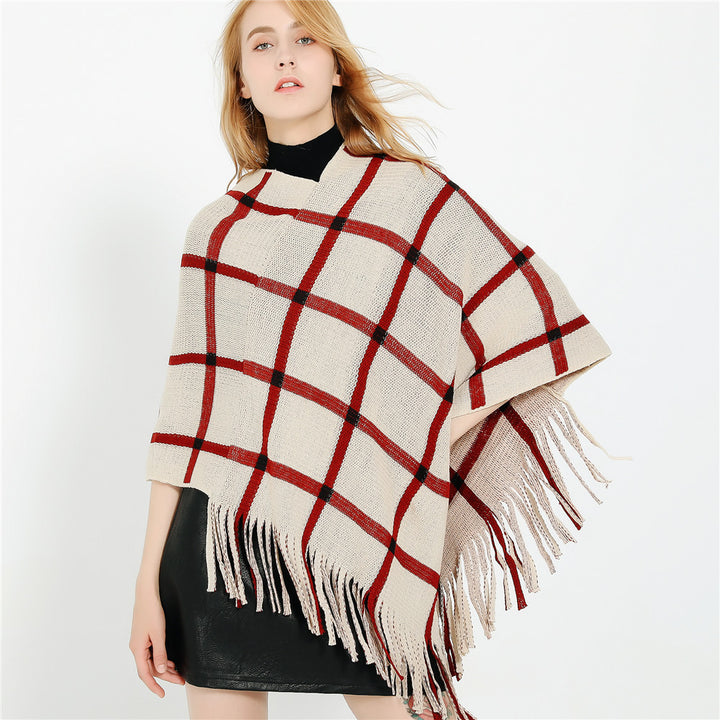Damen Grobstrick-Poncho mit Karomuster und Fransensaum Drune