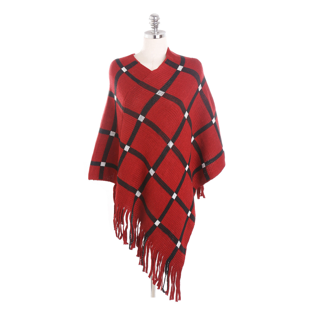 Damen Grobstrick-Poncho mit Karomuster und Fransensaum Drune