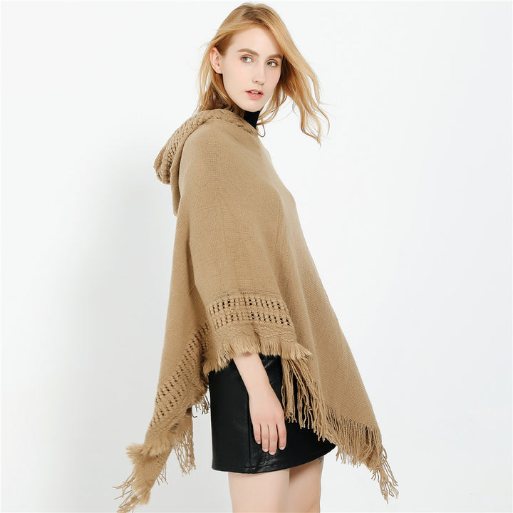 Damen Kapuzen-Poncho mit gehäkelter Bordüre und Fransensaum Drune