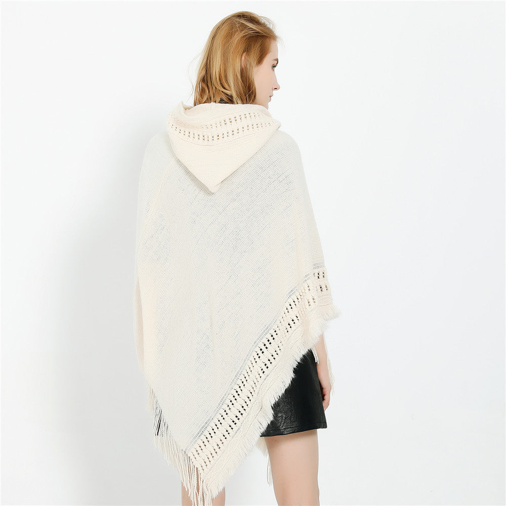 Damen Kapuzen-Poncho mit gehäkelter Bordüre und Fransensaum Drune