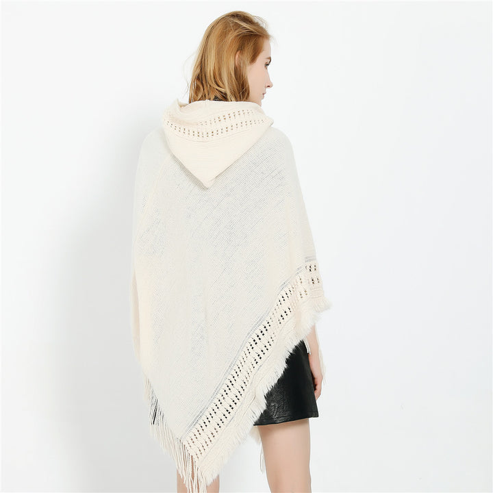 Damen Kapuzen-Poncho mit gehäkelter Bordüre und Fransensaum Drune