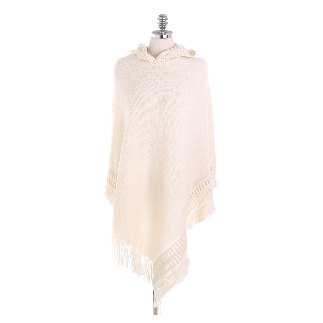 Damen Kapuzen-Poncho mit gehäkelter Bordüre und Fransensaum Drune