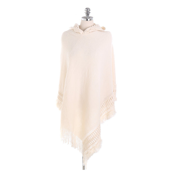 Damen Kapuzen-Poncho mit gehäkelter Bordüre und Fransensaum Drune