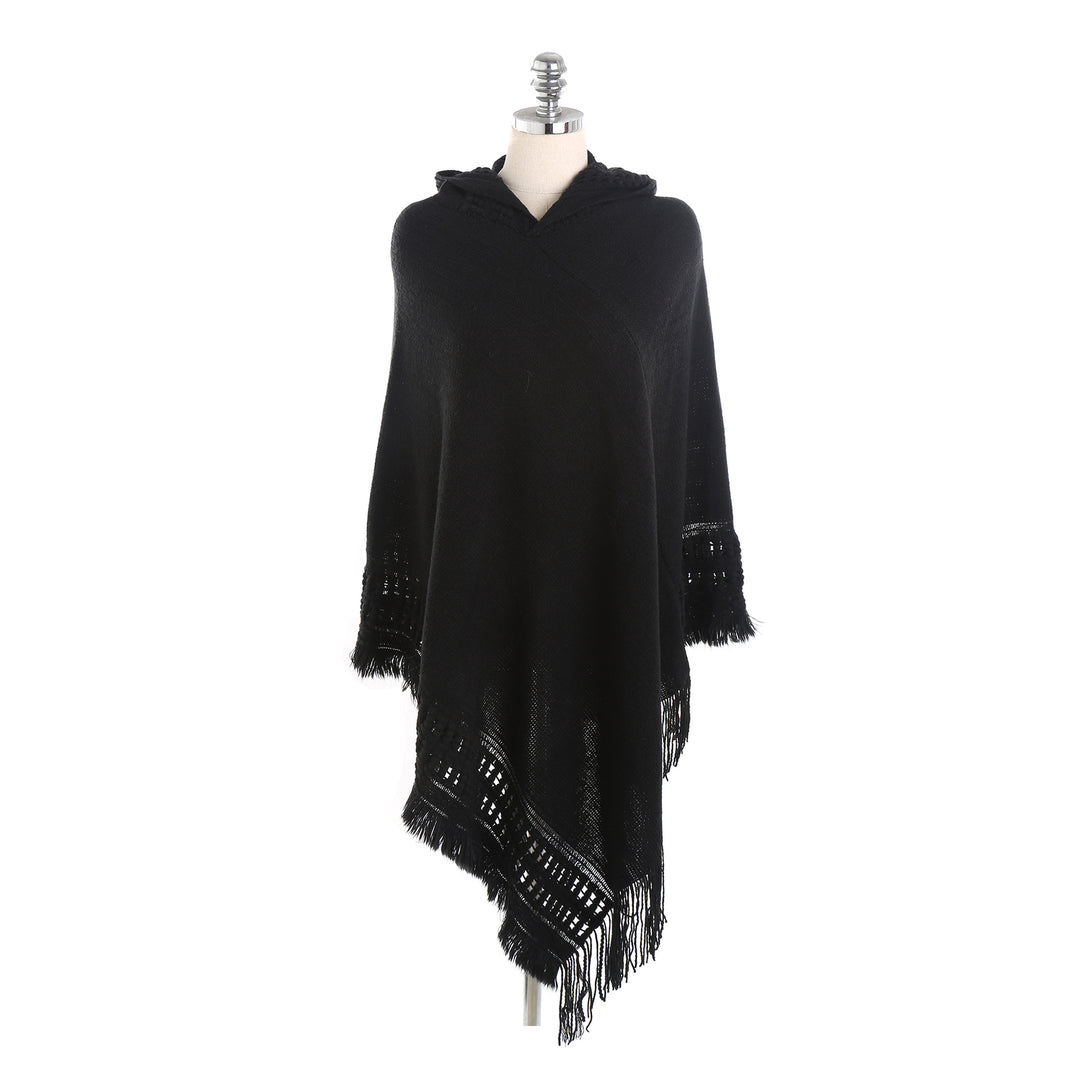 Damen Kapuzen-Poncho mit gehäkelter Bordüre und Fransensaum Drune
