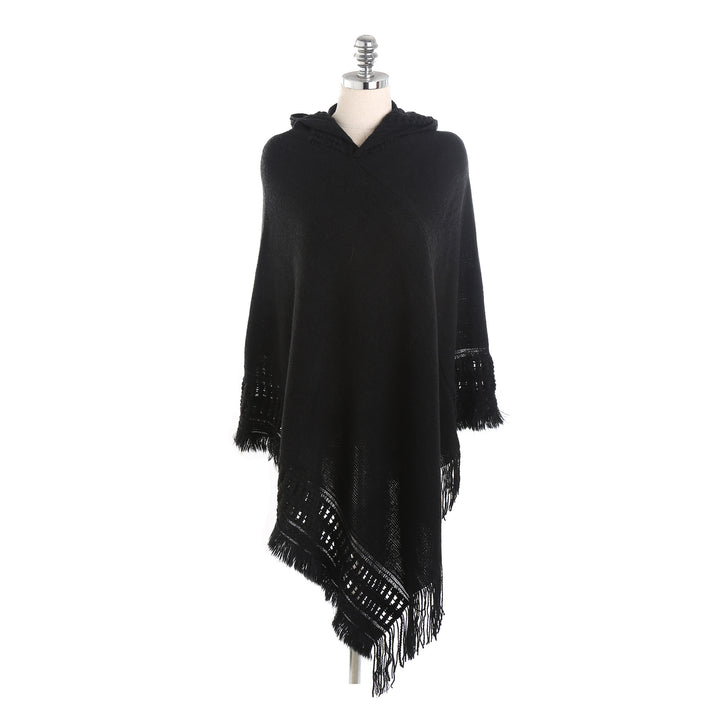 Damen Kapuzen-Poncho mit gehäkelter Bordüre und Fransensaum Drune