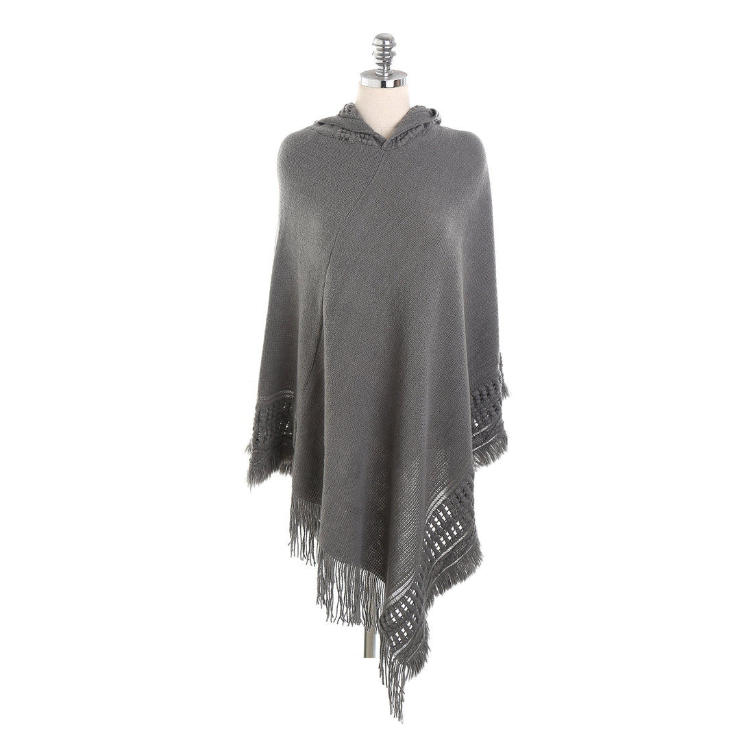 Damen Kapuzen-Poncho mit gehäkelter Bordüre und Fransensaum Drune