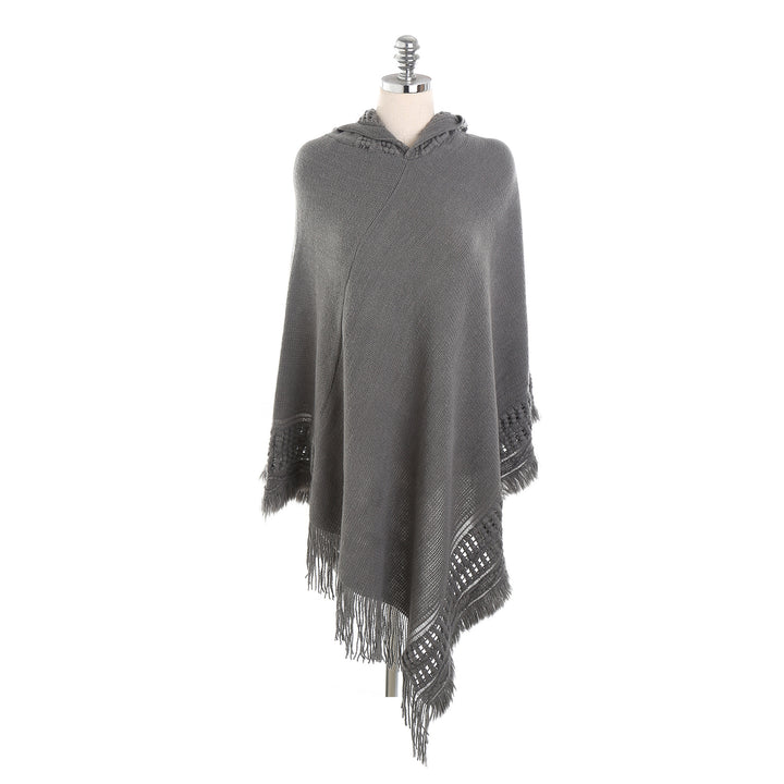 Damen Kapuzen-Poncho mit gehäkelter Bordüre und Fransensaum Drune