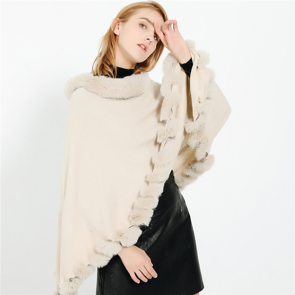 Damen Eleganter Capeponcho aus Wollmix mit Kunstfellbesatz und Pompon-Details Drune