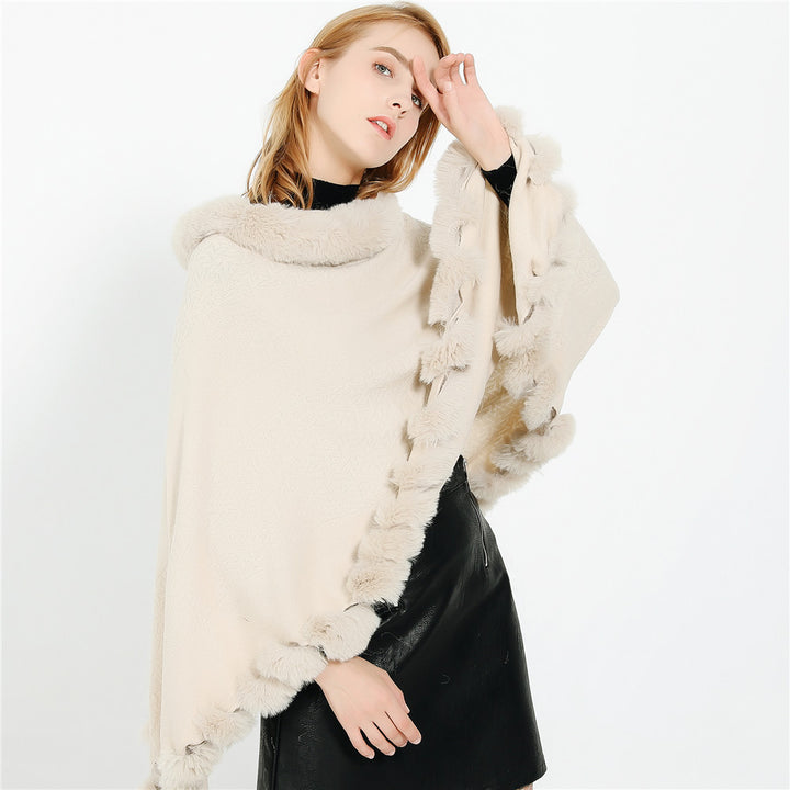 Damen Eleganter Capeponcho aus Wollmix mit Kunstfellbesatz und Pompon-Details Drune