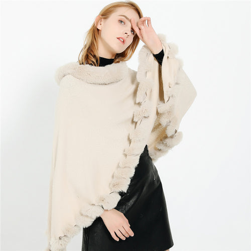 Damen Eleganter Capeponcho aus Wollmix mit Kunstfellbesatz und Pompon-Details Drune