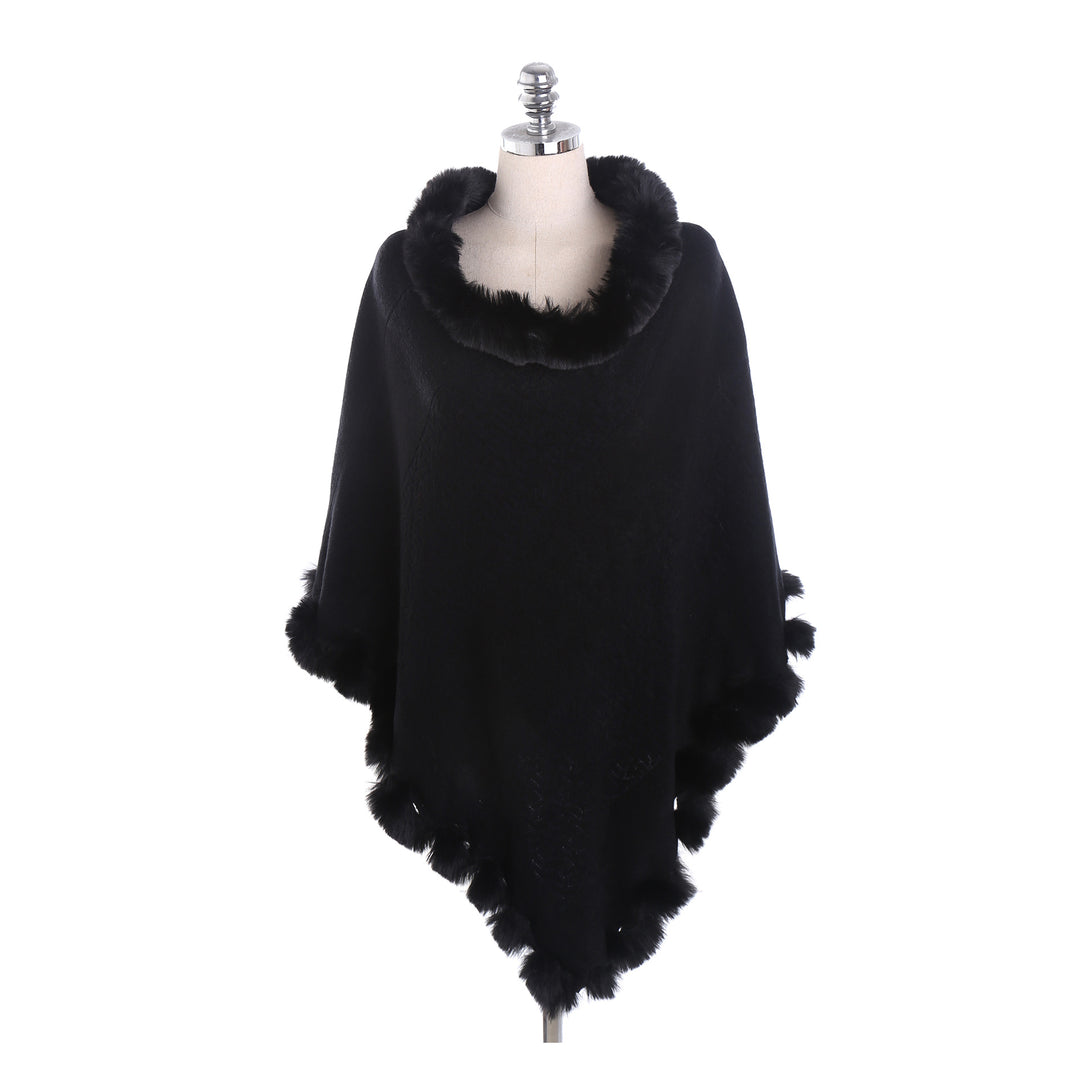 Damen Eleganter Capeponcho aus Wollmix mit Kunstfellbesatz und Pompon-Details Drune