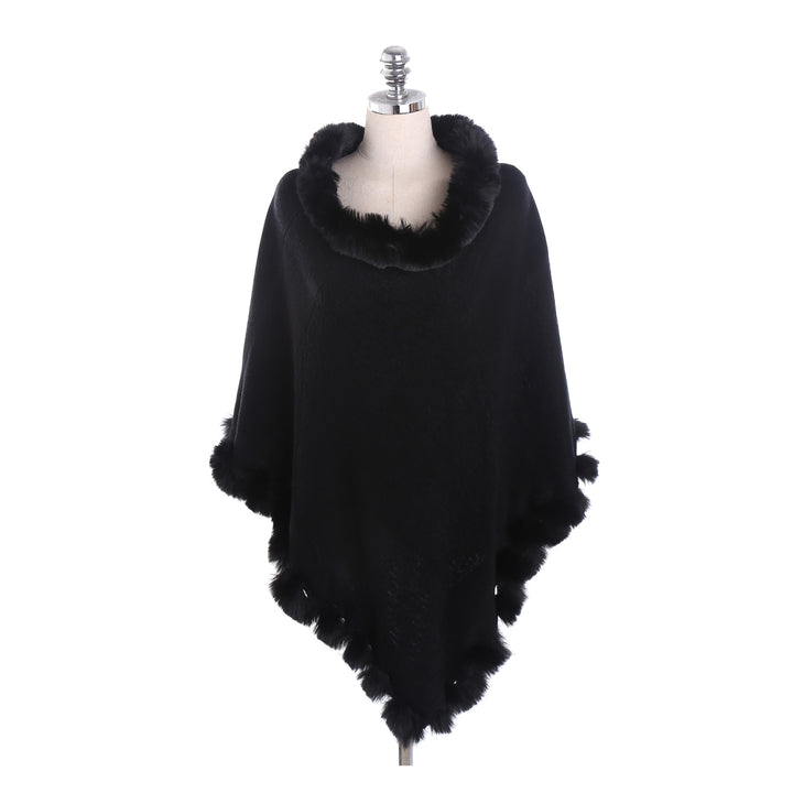 Damen Eleganter Capeponcho aus Wollmix mit Kunstfellbesatz und Pompon-Details Drune
