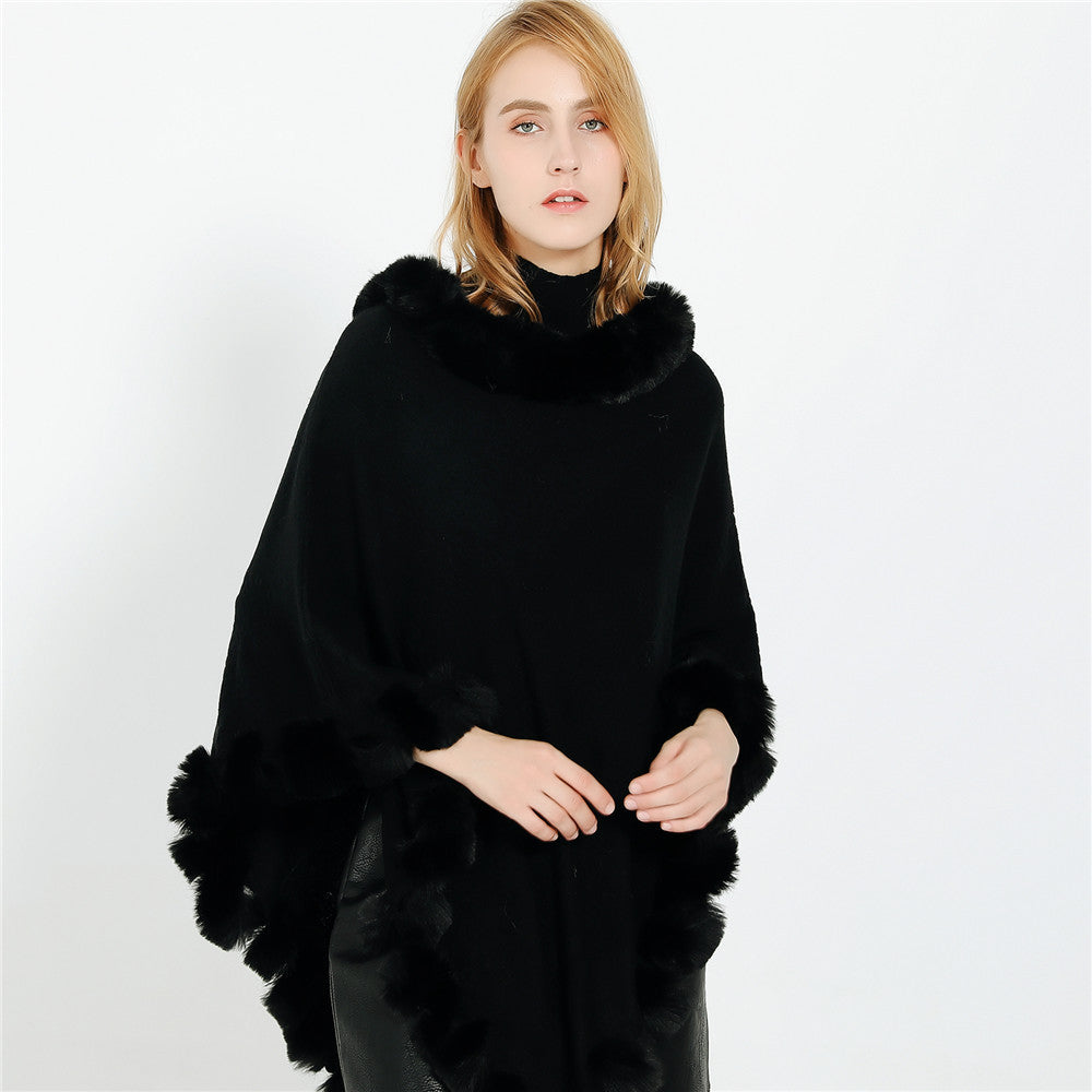 Damen Eleganter Capeponcho aus Wollmix mit Kunstfellbesatz und Pompon-Details Drune