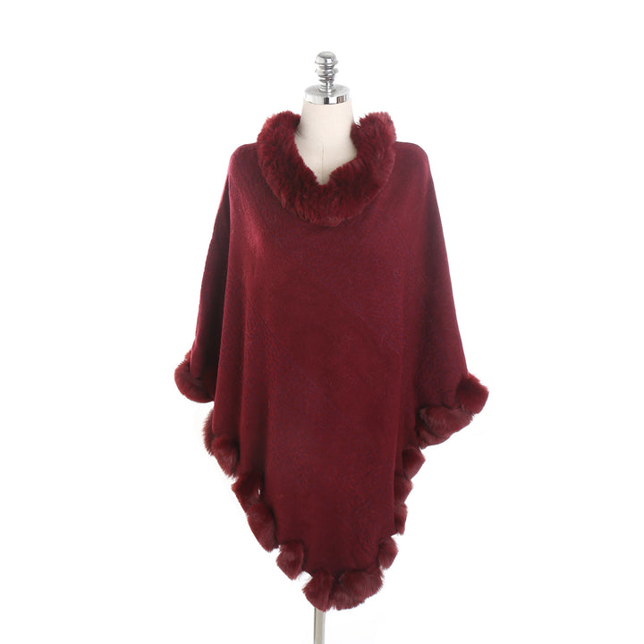 Damen Eleganter Capeponcho aus Wollmix mit Kunstfellbesatz und Pompon-Details Drune