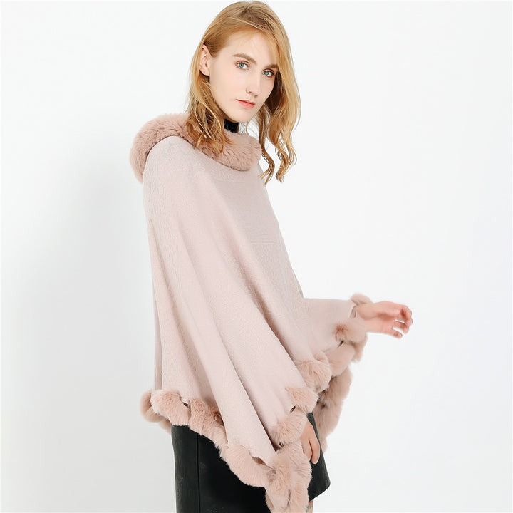 Damen Eleganter Capeponcho aus Wollmix mit Kunstfellbesatz und Pompon-Details Drune