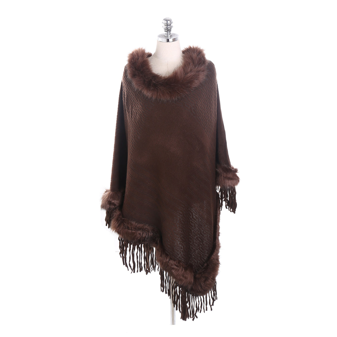 Damen Kaschmir-Touch Poncho mit Kunstfellbesatz, Fransen und weichfallender Oversize-Silhouette Drune