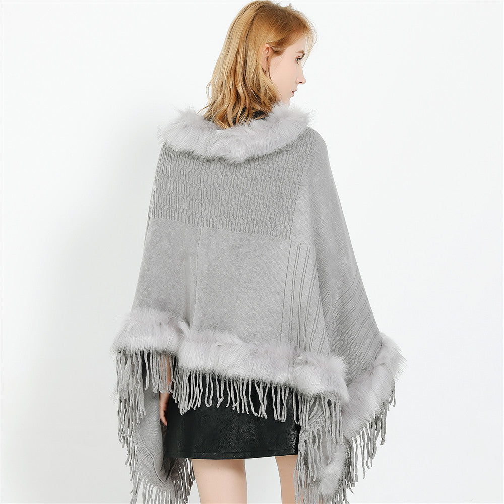 Damen Kaschmir-Touch Poncho mit Kunstfellbesatz, Fransen und weichfallender Oversize-Silhouette Drune