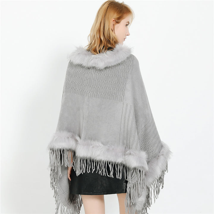 Damen Kaschmir-Touch Poncho mit Kunstfellbesatz, Fransen und weichfallender Oversize-Silhouette Drune