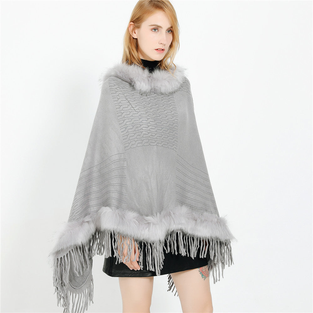Damen Kaschmir-Touch Poncho mit Kunstfellbesatz, Fransen und weichfallender Oversize-Silhouette Drune