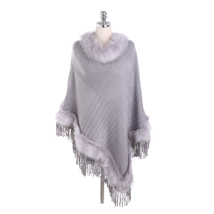 Damen Kaschmir-Touch Poncho mit Kunstfellbesatz, Fransen und weichfallender Oversize-Silhouette Drune