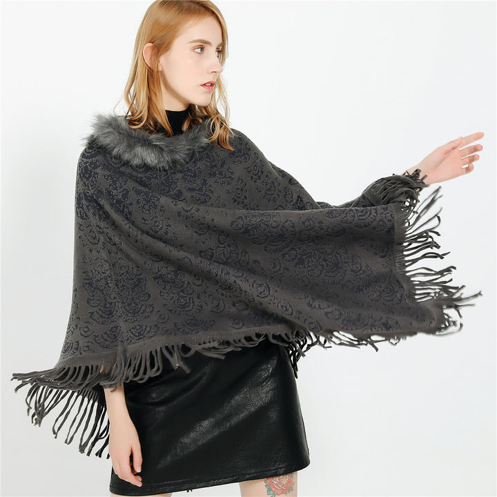 Damen Poncho‑Ruana mit Kunstfellkragen, Strukturjacquard und Fransensaum Drune