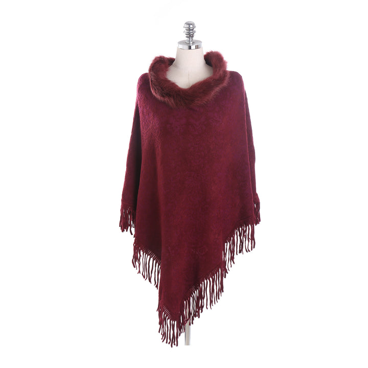 Damen Poncho‑Ruana mit Kunstfellkragen, Strukturjacquard und Fransensaum Drune