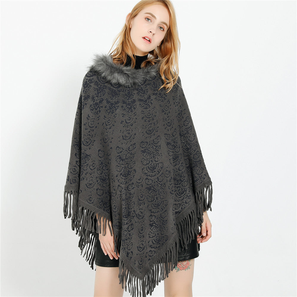 Damen Poncho‑Ruana mit Kunstfellkragen, Strukturjacquard und Fransensaum Drune