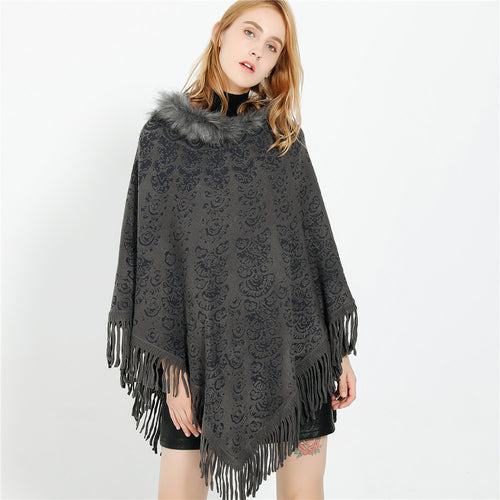 Damen Poncho‑Ruana mit Kunstfellkragen, Strukturjacquard und Fransensaum Drune