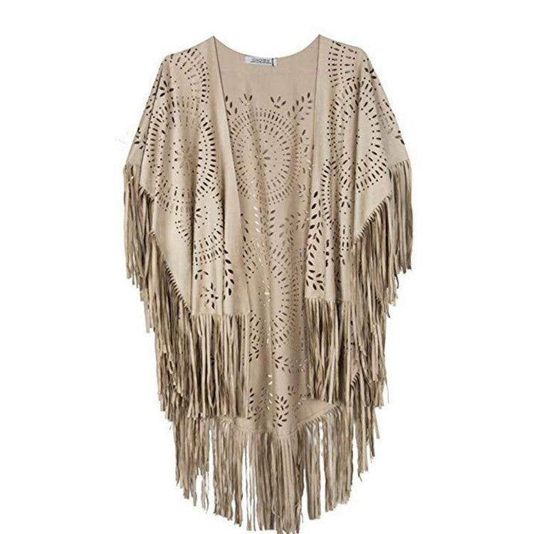 Damen Fransen-Poncho aus Wildlederimitat mit lasergeschnittenem Mandala-Design Drune