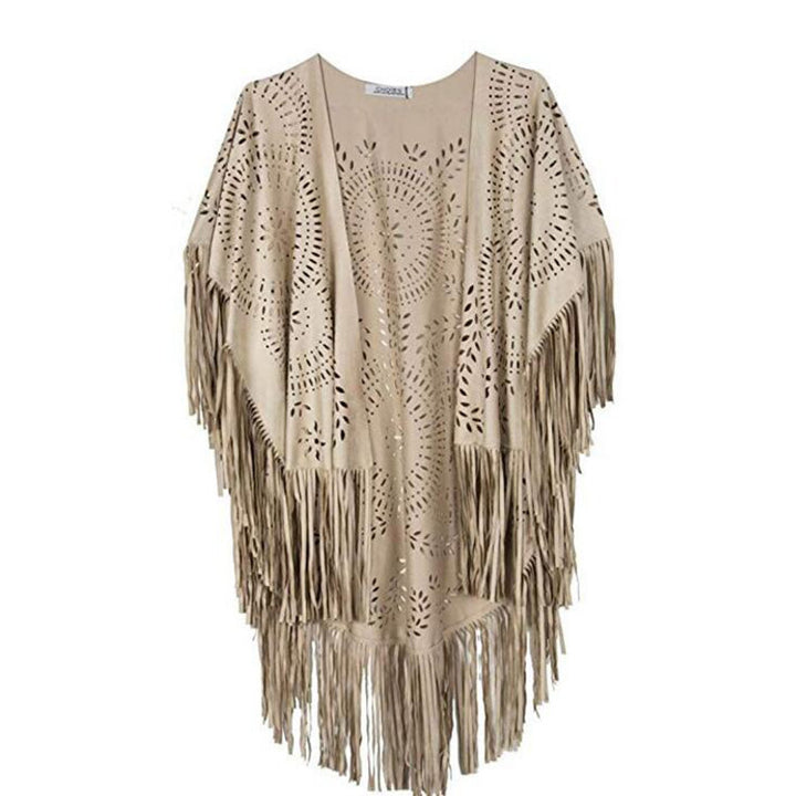 Damen Fransen-Poncho aus Wildlederimitat mit lasergeschnittenem Mandala-Design Drune