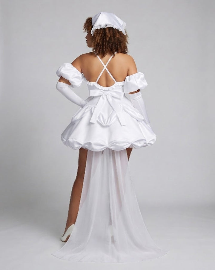 Damen Hochzeits-Cosplay-Kleid mit Ärmelapplikationen und aufwendigen Rüschen Drune