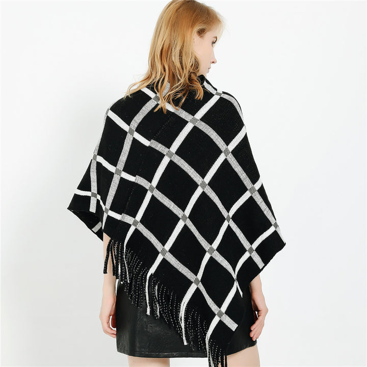 Damen Grobstrick-Poncho mit Karomuster und Fransensaum Drune