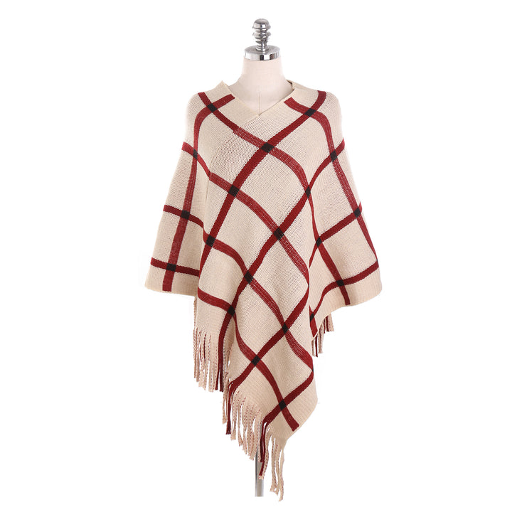 Damen Grobstrick-Poncho mit Karomuster und Fransensaum Drune