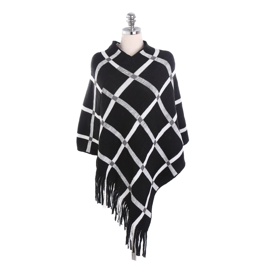 Damen Grobstrick-Poncho mit Karomuster und Fransensaum Drune