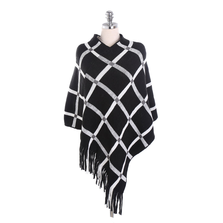 Damen Grobstrick-Poncho mit Karomuster und Fransensaum Drune