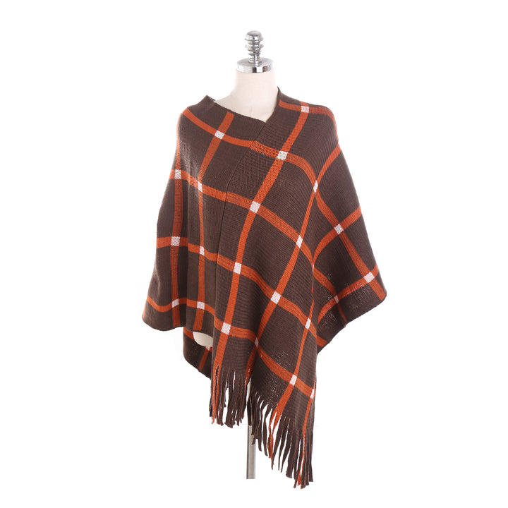 Damen Grobstrick-Poncho mit Karomuster und Fransensaum Drune