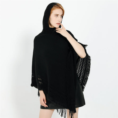 Damen Kapuzen-Poncho mit gehäkelter Bordüre und Fransensaum Drune